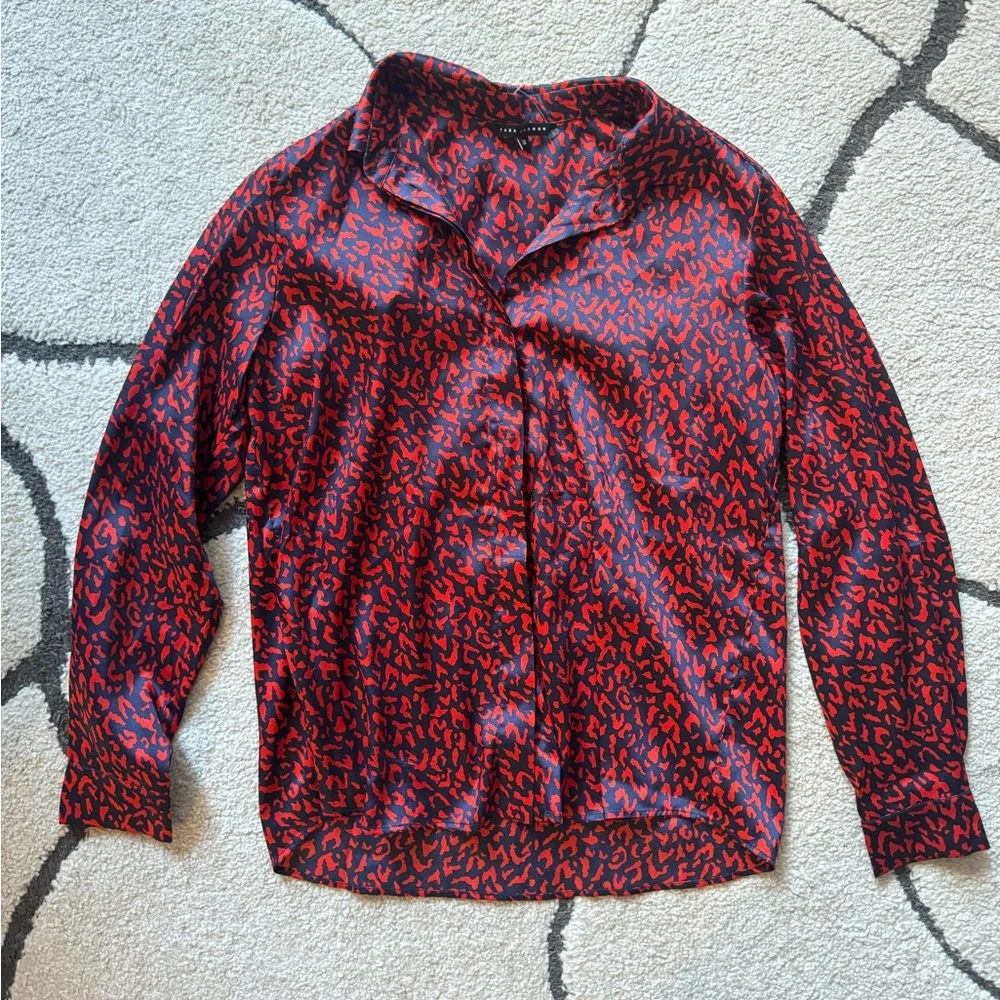 Tara Jarmon Red & Navy Leopard Print Top - Picture 2 of 6